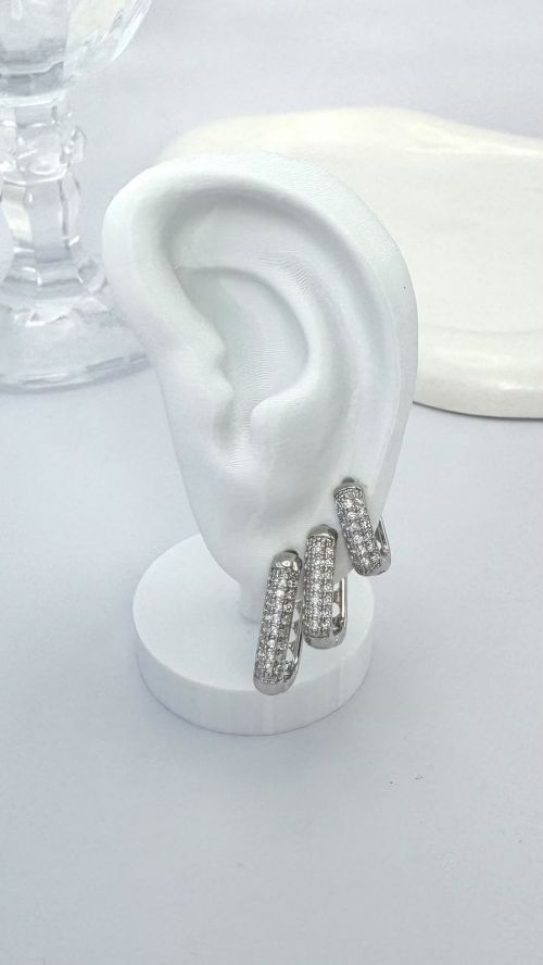 Trio Argola Retangular Tres Filas Prata