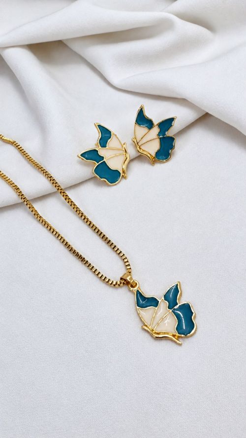 Conjunto Asa De Borboleta Esmaltado Dourado