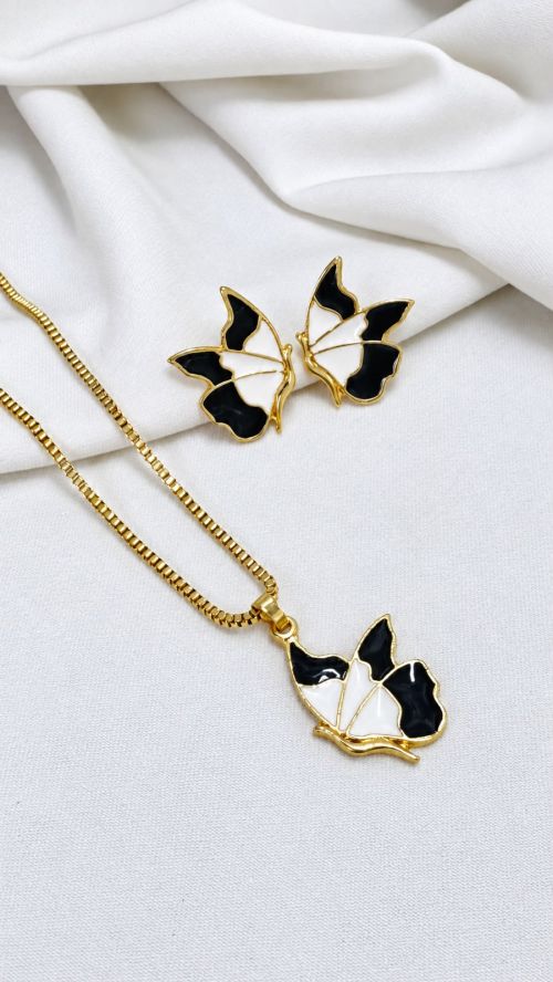 Conjunto Asa De Borboleta Esmaltado Dourado