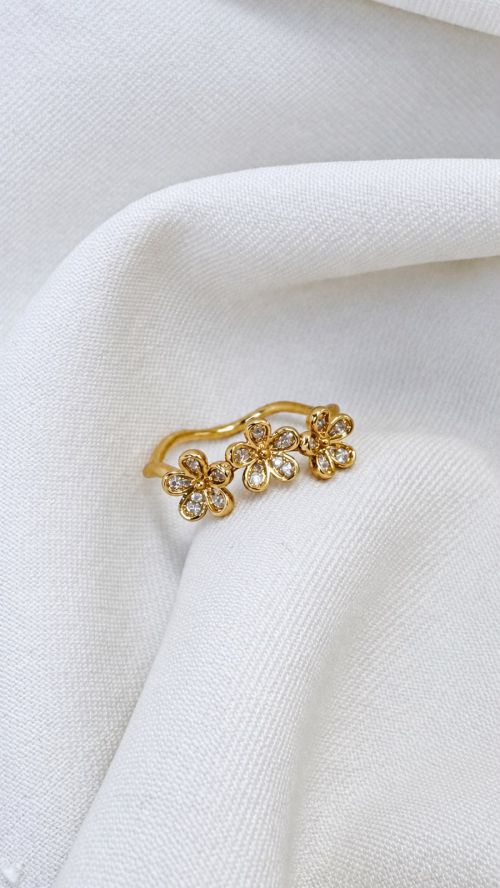 Anel Tr�s Flores Cristal  Dourado