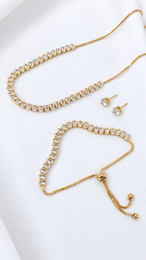 Kit Colar , Pulseira e Brinco Tres Pontas Riviera Dourado