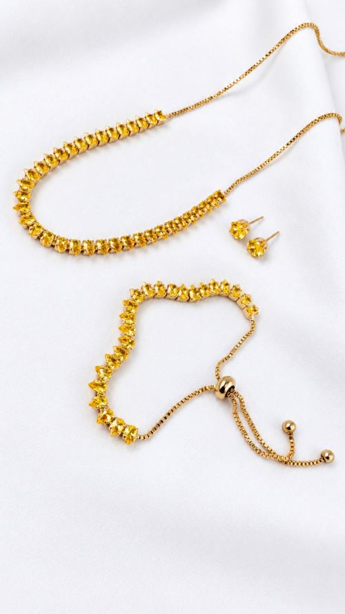 Kit Colar , Pulseira e Brinco Tres Pontas Riviera Dourado