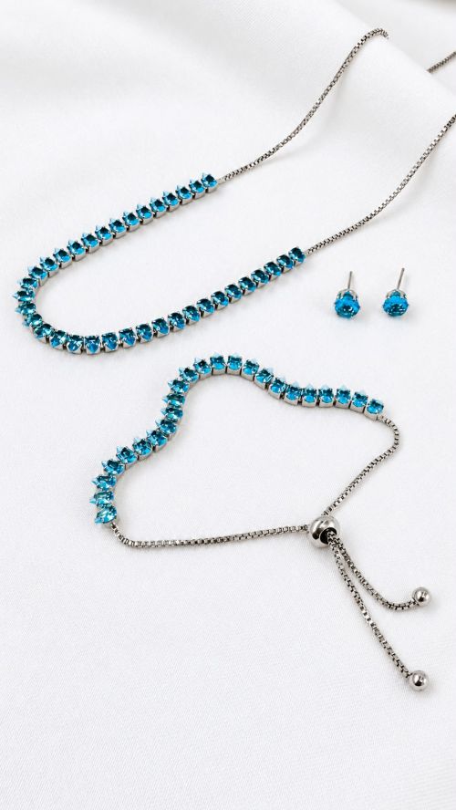 Kit Colar, Pulseira e Brinco Tres Pontas Riviera Prata
