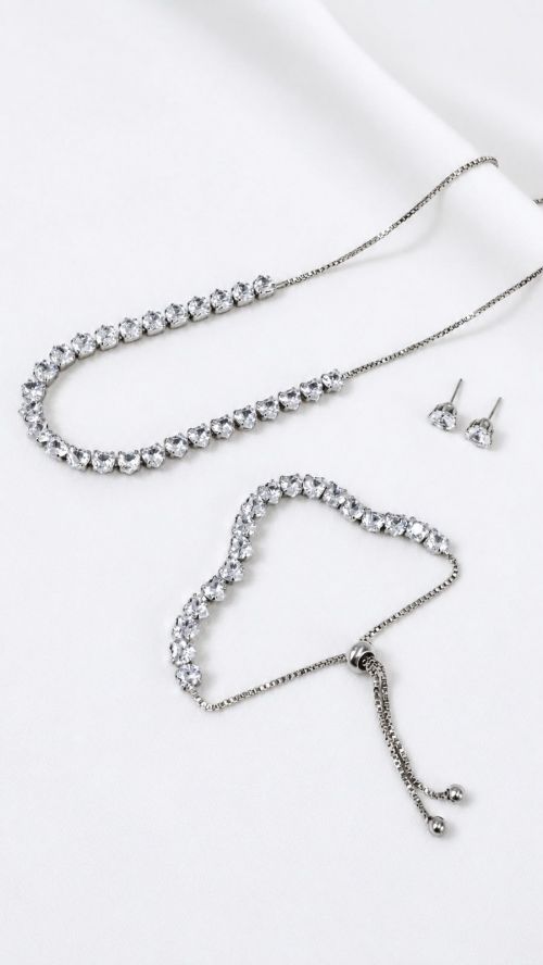 Kit Colar,Pulseira e Brinco Cora��o Riviera Prata