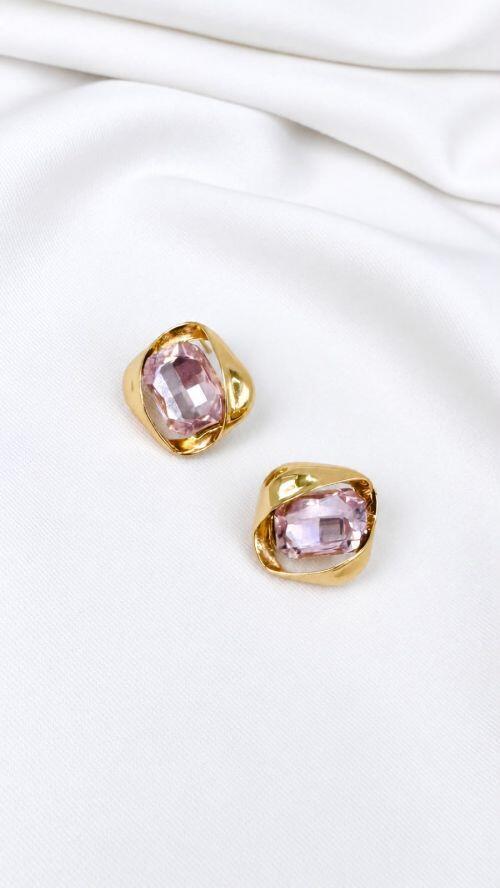 Brinco Cristal Quadriculado Organico Dourado