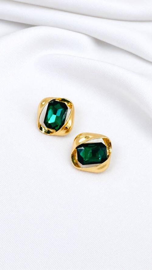Brinco Cristal Quadriculado Organico Dourado
