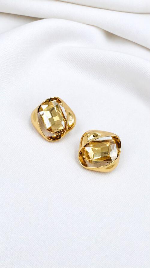 Brinco Cristal Quadriculado Organico Dourado