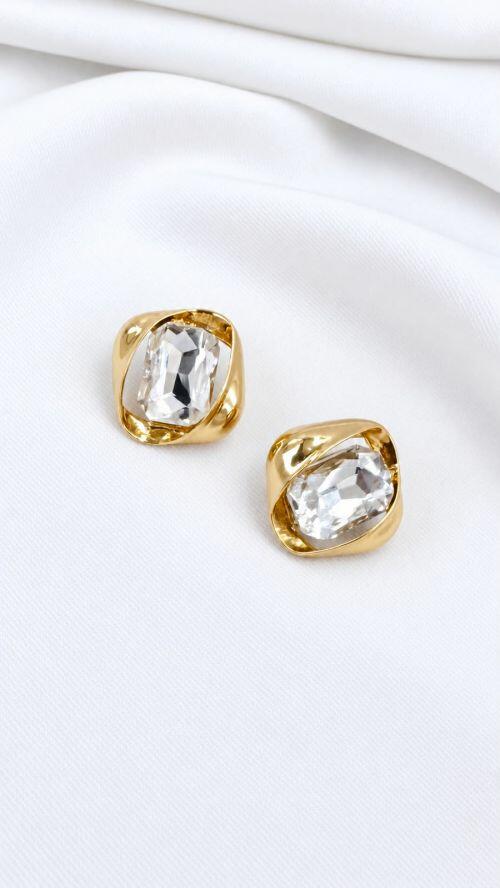Brinco Cristal Quadriculado Organico Dourado