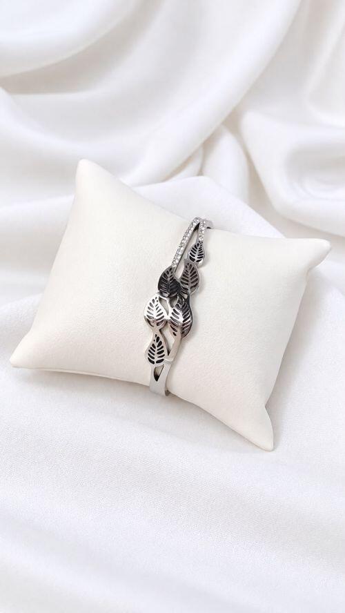 Bracelete Folhas Prata A�o Inoxidavel