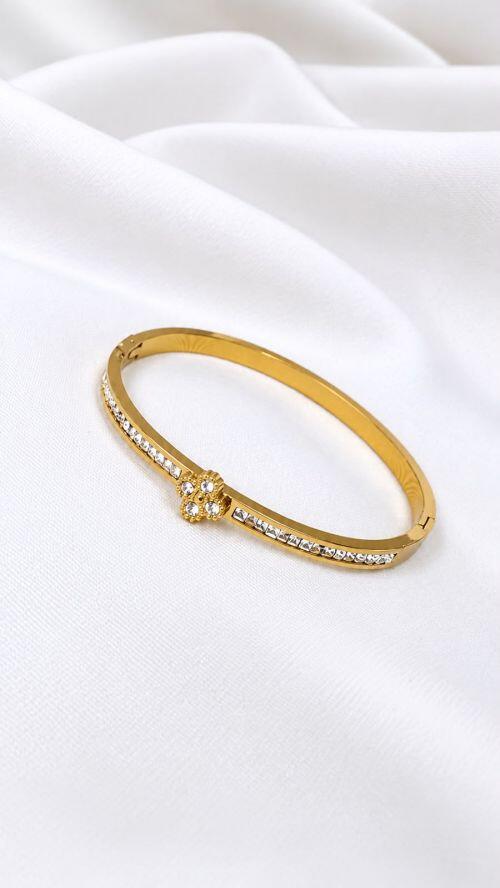Bracelete Trevo Cristalino Dourado A�o Inox