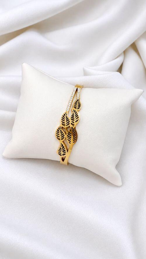 Bracelete Folhas Dourada A�o Inoxidavel