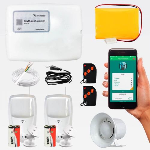 Kit Alarme Wi-Fi Compatec c/ 2 Sensores Infravermelho Pet Immune + Sirene + Bateria