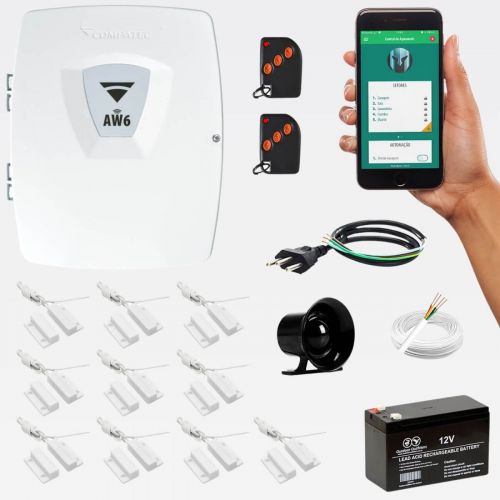 Kit Alarme Wi-Fi Compatec AW6 c/ 10 Sensores Magn�ticos Com Fio + Sirene + Bateria