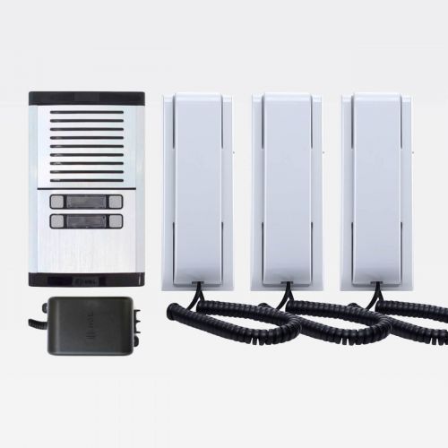 Kit Interfone Coletivo HDL 3 Pontos MPS Gabinete GS-2 + Módulo 4 Botões + 3 Monofones AZ-01 + Fonte TRA-400