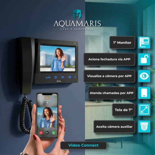 Kit V�deo Porteiro 3 Pontos WiFi HDL Connect App Celular Touchscreen 7" + 2 Extens�es Advance Viva-Voz