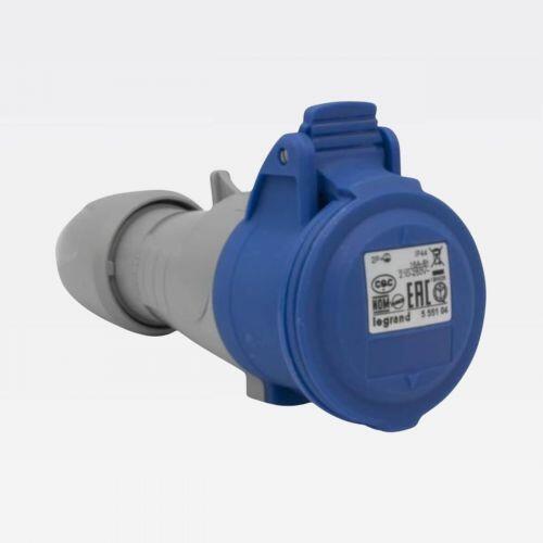 Tomada Industrial 16A 250V 2P+T Móvel IP44 Azul Tempra Legrand 555104