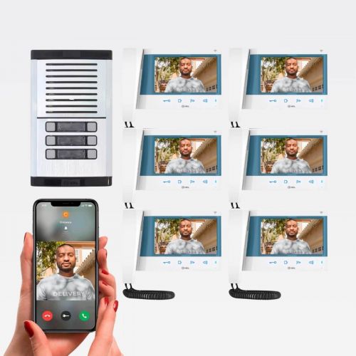Kit Vídeo Porteiro Coletivo 6 Pontos WiFi HDL Connect App + Gabinete GS-2 + 6 Monitores Touchscreen 7