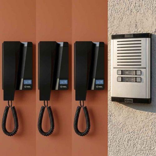 Kit Interfone Coletivo 3 Pontos Porteiro Eletrônico HDL MP/MPD + Gabinete GS-02 + Fonte TRA-400 + 3 Monofones Advance