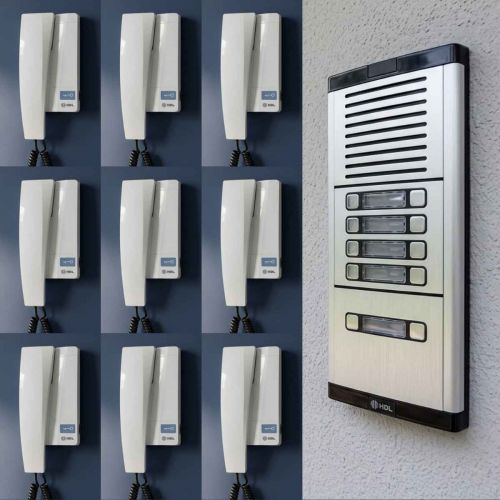 Kit Interfone Coletivo 9 Pontos Porteiro Eletrônico HDL MP/MPD + Gabinete GS-03 + Fonte TRA-400 + 9 Monofones Advance