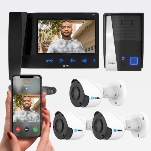 Kit V�deo Porteiro Connect WiFi HDL 4 C�meras Aplicativo + Monitor 7" Touchscreen + 3 C�meras Externas Bullet