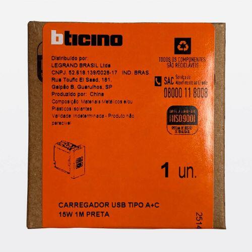 M�dulo Carregador USB Tipo C+A 15W 3000mAh Preto Matix Go Bticino Legrand JB4191AC