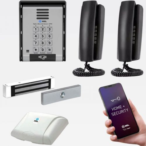 Kit Porteiro Eletr�nico Coletivo F20 ID HDL 2 Pontos c/ Central 16P + Fechadura Magn�tica M-90 180kg + Fonte + Bateria