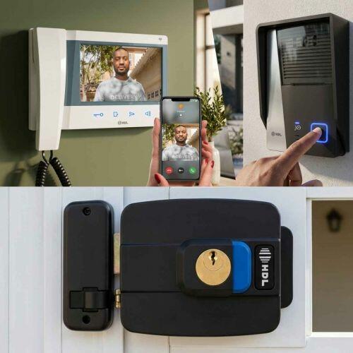 Kit Vídeo Porteiro HDL Connect WiFi Branco com Fechadura C-90 PRO Ajustável 31-87mm + Botão