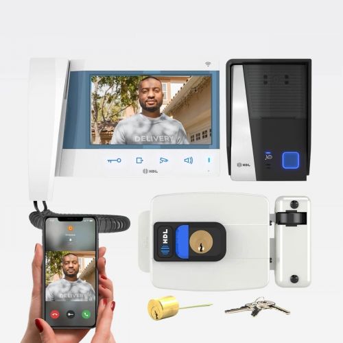 Kit V�deo Porteiro HDL Connect WiFi Branco com Fechadura C-90 PRO Ajust�vel 31-87mm + Bot�o