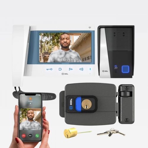Kit V�deo Porteiro HDL Connect WiFi Branco com Fechadura C-90 PRO Ajust�vel 31-87mm + Bot�o