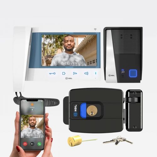 Kit V�deo Porteiro HDL Connect WiFi Branco com Fechadura C-90 PRO Ajust�vel 31-87mm + Bot�o