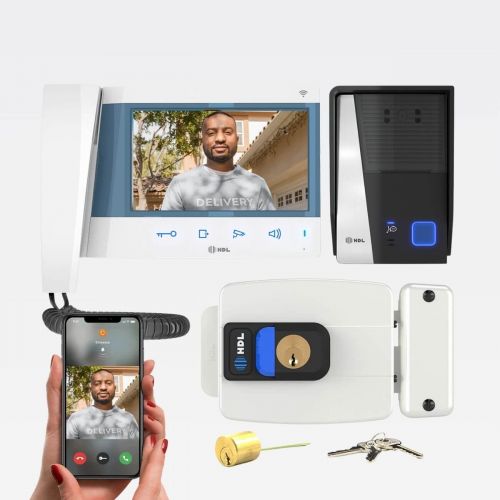 Kit V�deo Porteiro HDL Connect WiFi Branco com Fechadura C-90 PRO Ajust�vel 31-87mm + Bot�o