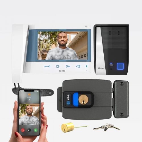 Kit V�deo Porteiro HDL Connect WiFi Branco com Fechadura C-90 PRO Ajust�vel 31-87mm + Bot�o