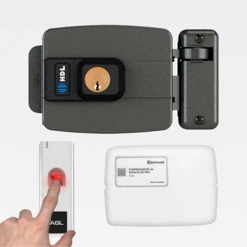 Kit Fechadura Elétrica C90 STD + Leitor Biometria AGL FP-1000 + Bateria Respaldo Biometria RFID Branco HDL