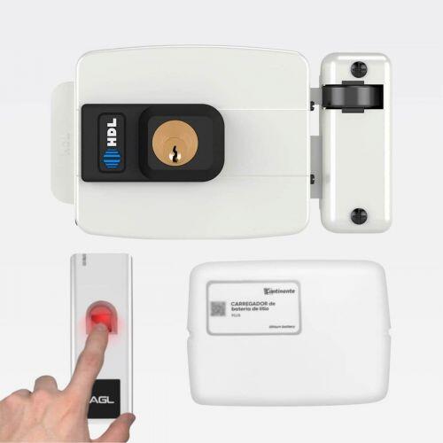 Kit Fechadura Elétrica C90 STD + Leitor Biometria AGL FP-1000 + Bateria Respaldo Biometria RFID Branco HDL