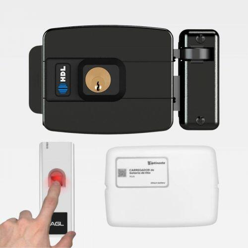 Kit Fechadura Elétrica C90 STD + Leitor Biometria AGL FP-1000 + Bateria Respaldo Biometria RFID Branco HDL