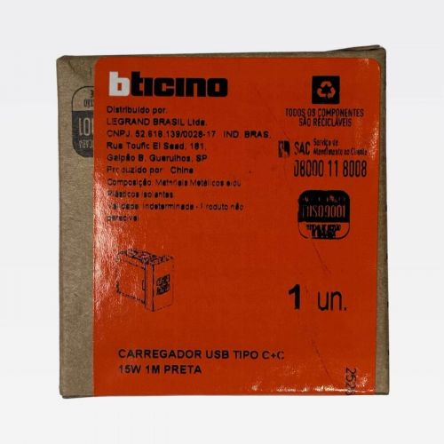 M�dulo Carregador USB 15W C+C Preto Matix Go Bticino Legrand JB4191CC