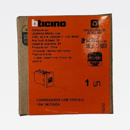 M�dulo Carregador USB 15W A+C Cinza Matix Go Bticino Legrand JG4191AC
