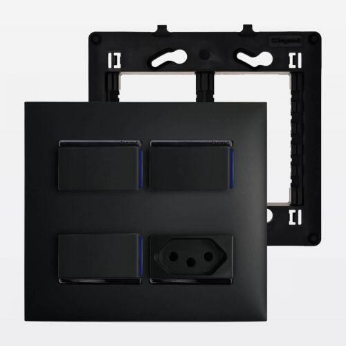 Conjunto 4x4 3 Interruptores Simples c/ LED + Tomada 10A PIAL Plus+ Legrand