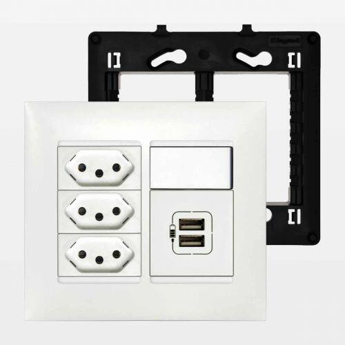 Conjunto 4x4 Tomada Triplex 10A + Interruptor Simples c/ LED + Tomada USB Dupla 2400mA PIAL Plus+ Legrand