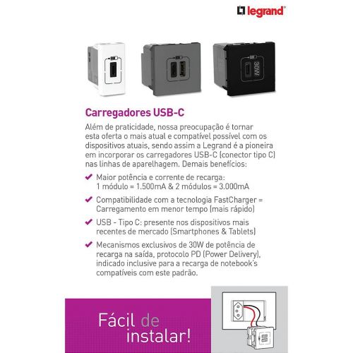 Conjunto 4x2 Tomada USB-C 30W PD + Tomada 10A PIAL Plus+ Legrand