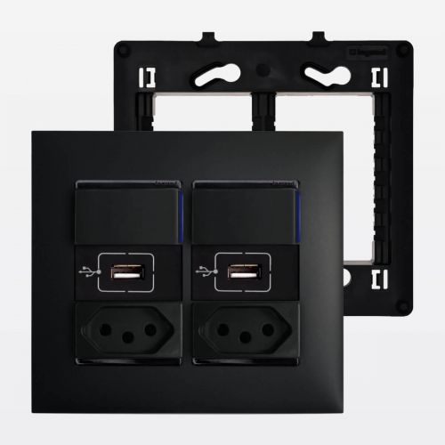 Conjunto 4x4 2 Tomadas 20A 2 Carregadores USB e 2 Interruptores Simples com LED PIAL Plus+ Legrand