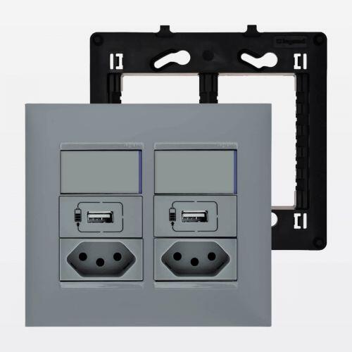 Conjunto 4x4 2 Tomadas 20A 2 Carregadores USB e 2 Interruptores Simples com LED PIAL Plus+ Legrand