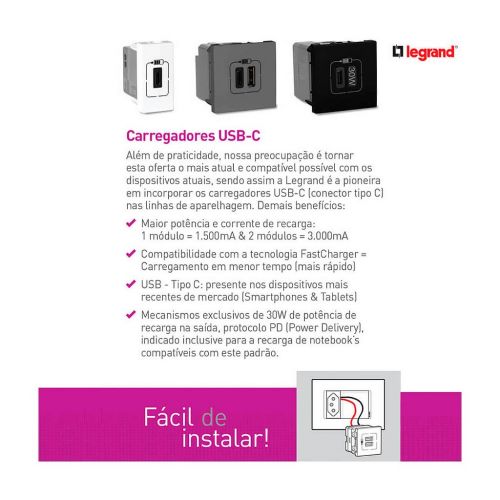 Conjunto para Embutir em M�veis Carregador USB Duplo Tipo A PIAL Plus+ Legrand