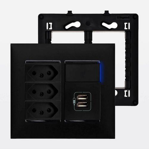 Conjunto 4x4 Tomada Triplex 10A + Interruptor Simples LED + Tomada USB Dupla PIAL Plus+ Legrand