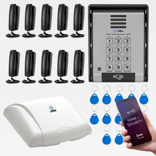 Interfone 10 Pontos HDL Porteiro Coletivo F20ID C/ Central e 20 Tags RFID