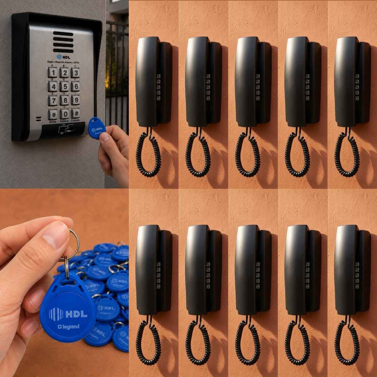Interfone 10 Pontos HDL Porteiro Coletivo F20ID C/ Central e 20 Tags RFID