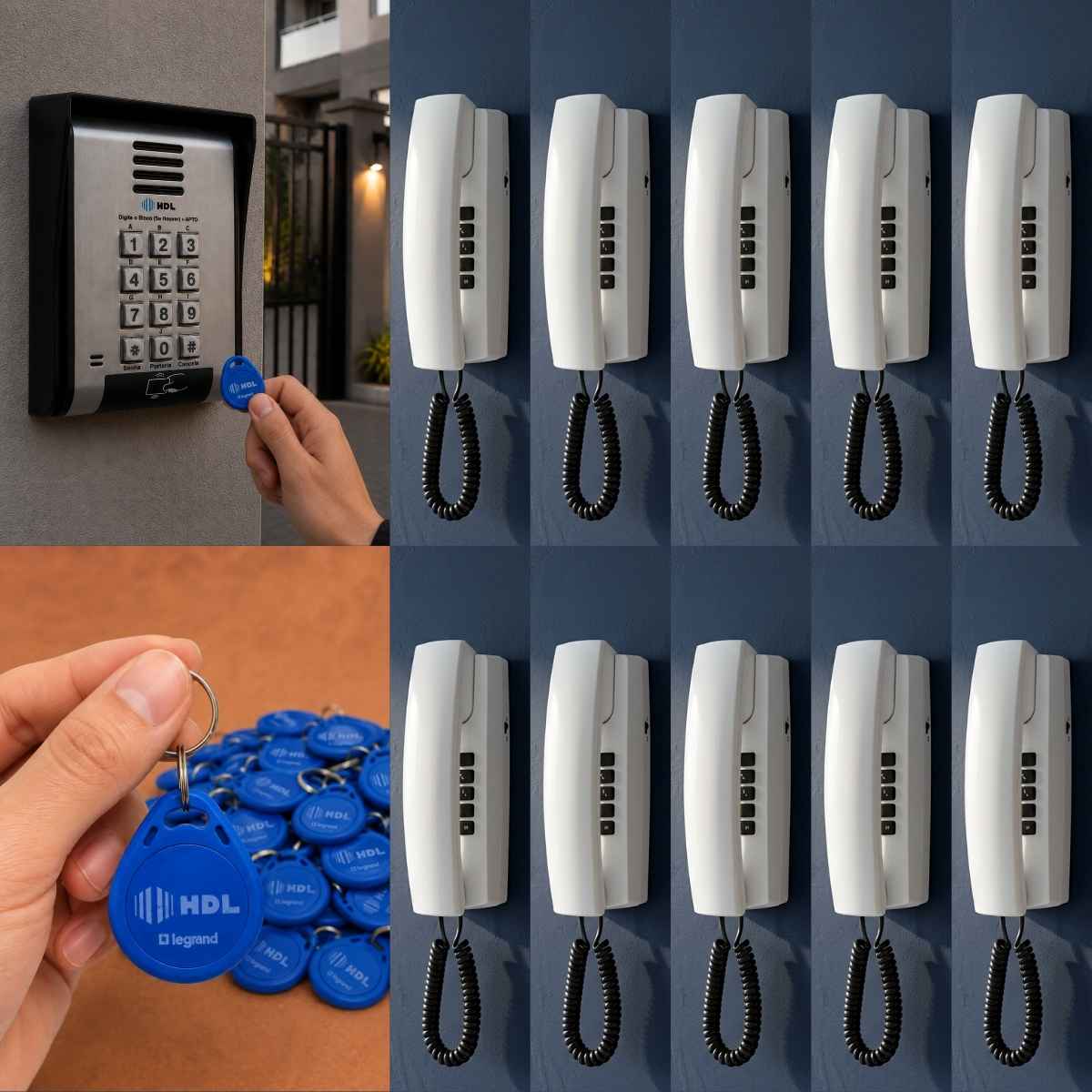 Interfone 10 Pontos HDL Porteiro Coletivo F20ID C/ Central e 20 Tags RFID