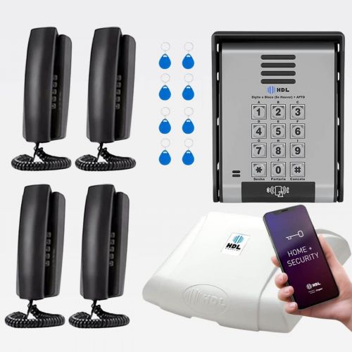 Interfone 4 Pontos HDL Porteiro Coletivo F20ID C/ Central e 8 Tags RFID