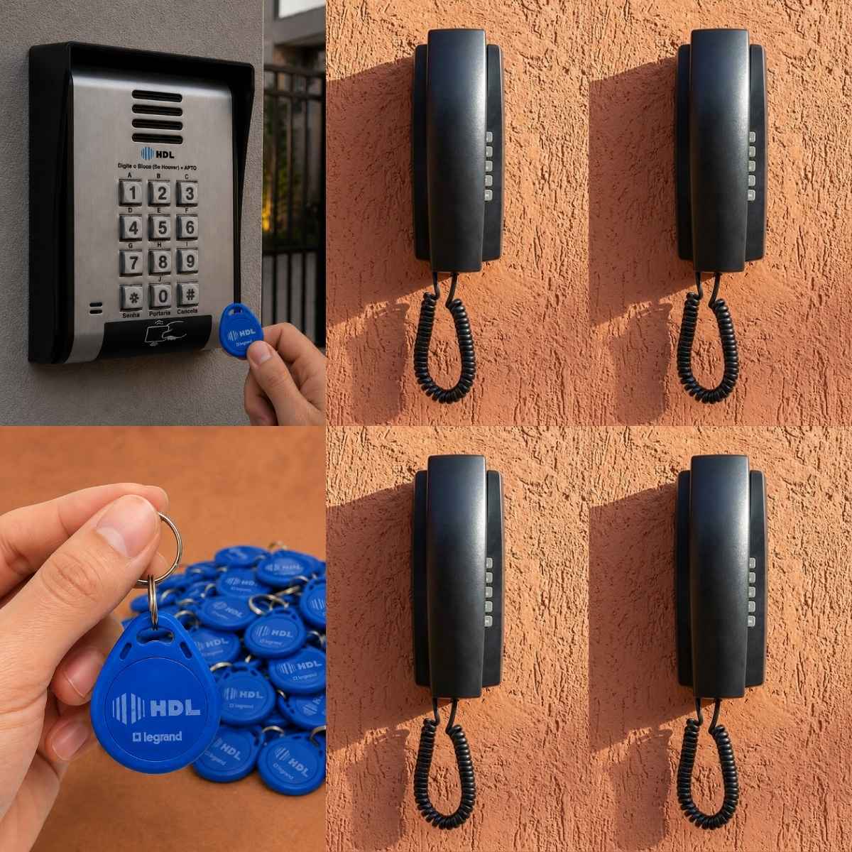 Interfone 4 Pontos HDL Porteiro Coletivo F20ID C/ Central e 8 Tags RFID