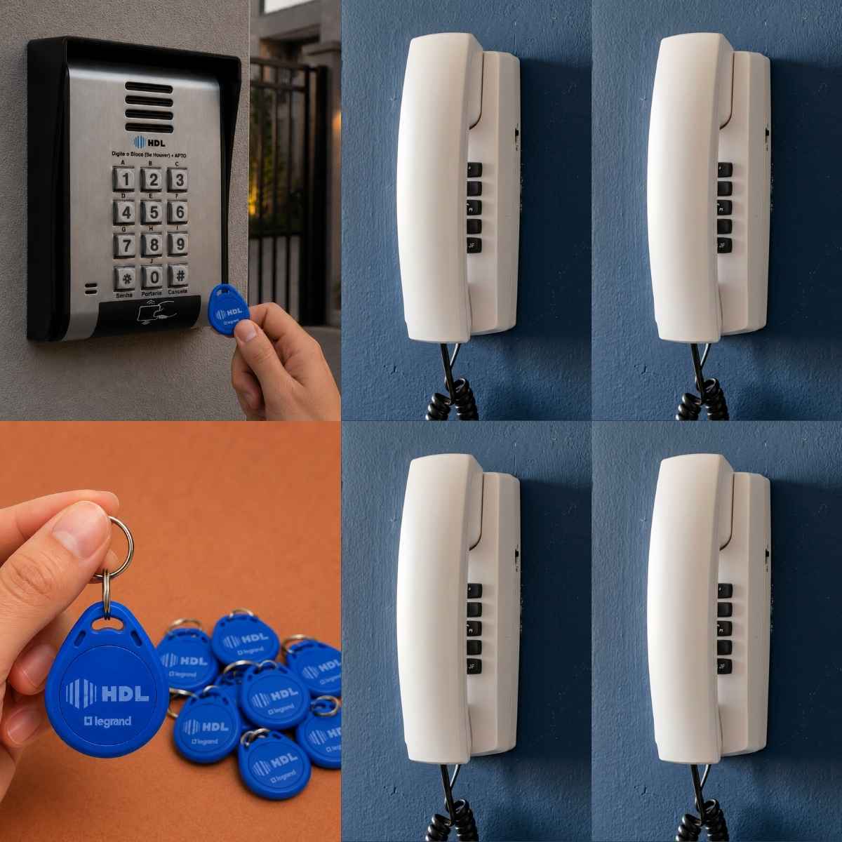 Interfone 4 Pontos HDL Porteiro Coletivo F20ID C/ Central e 8 Tags RFID
